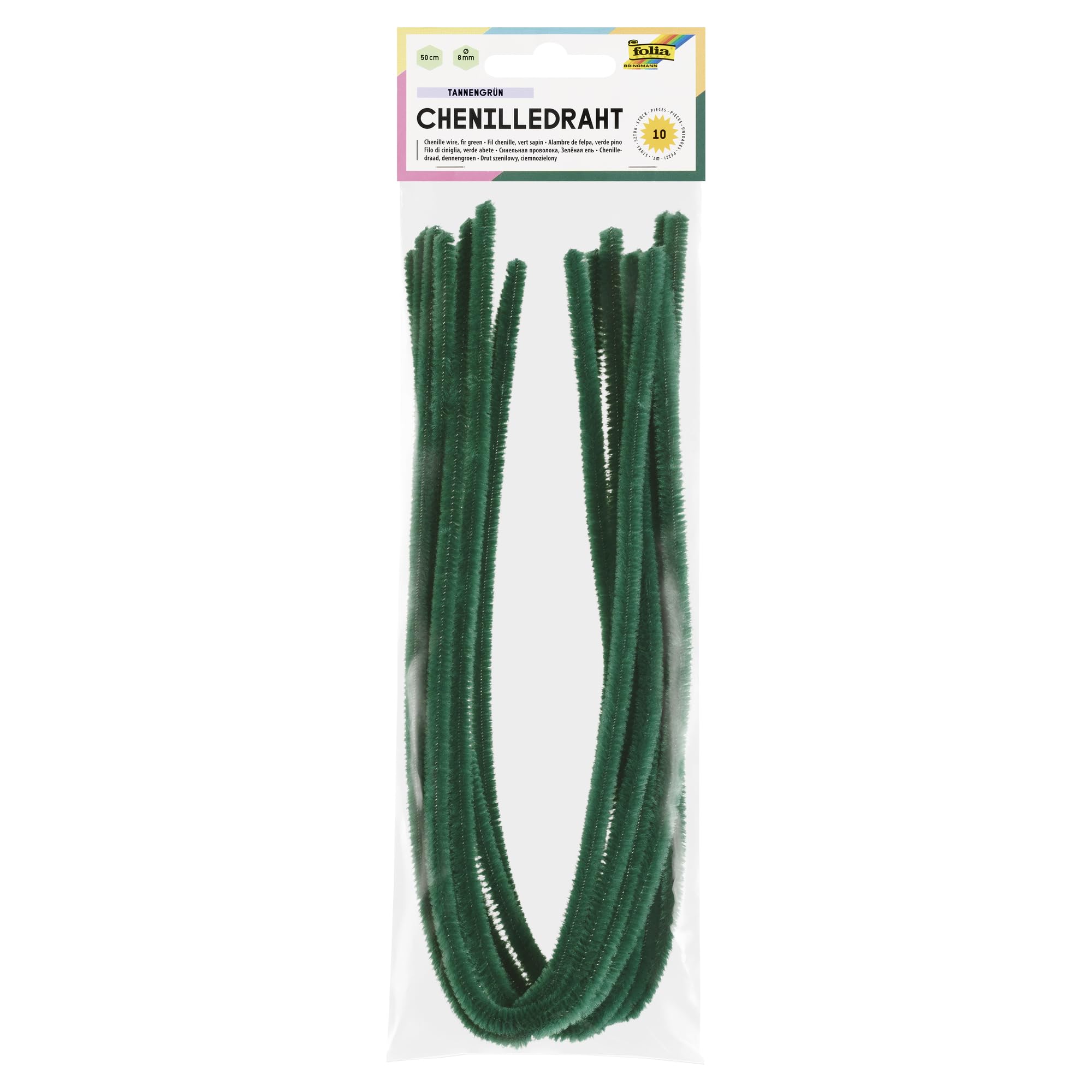 folia 77858 - Chenille Wire, Pipe Cleaners, Pack of 10 in Fir Green, Diameter 8 mm and 50 cm Long, Ideal for Children for Crafts and Design Animals, Figures and Other Shapes