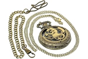 FOBTIME Bronze Vintage Brass Antique Case Pocket Watch Fob Watch for Men Women with 1 PC Necklace Chain 1 PC Clip Key Rib Chain