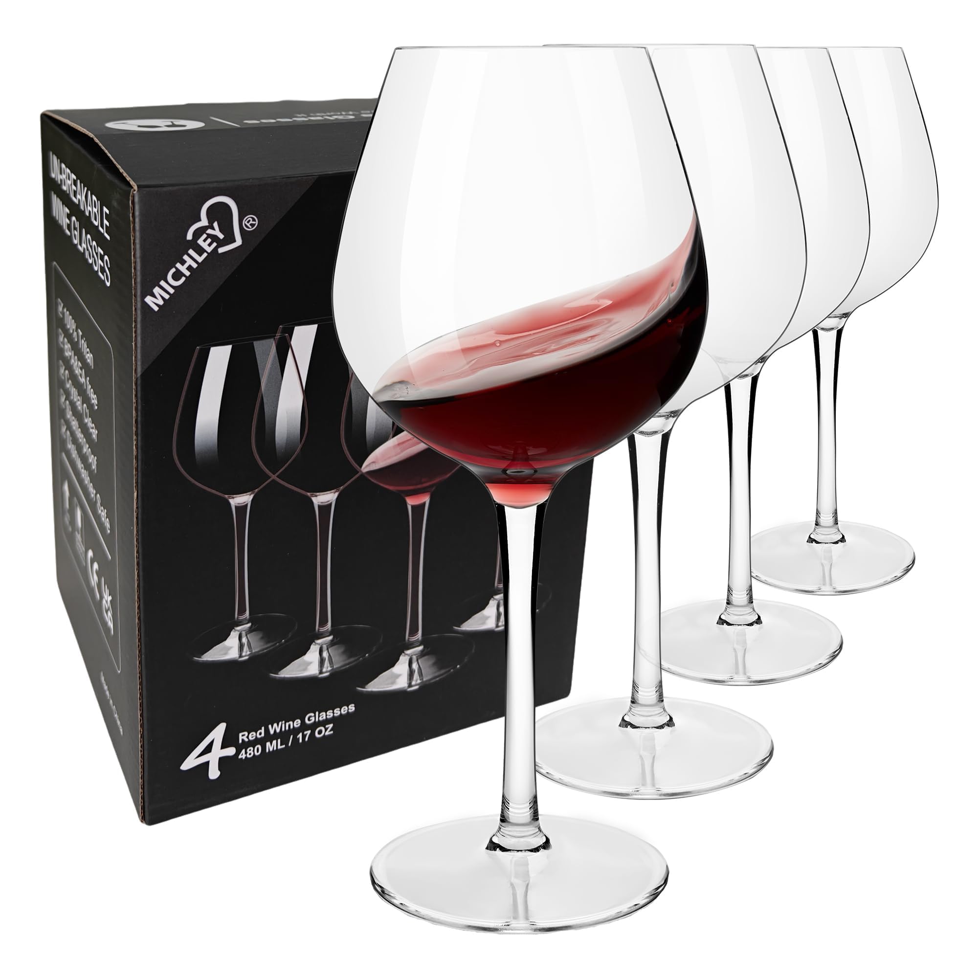 COOKY.D Large Tritan-Plastic Red Burgundy Wine Glasses 17oz, Unbreakable Long Stemmed Glassware for Party, Birthday, Dishwasher Safe, BPA Free, Set of 4
