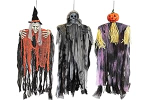 JOYIN 3 Pack 35” Hanging Ghosts Witch Pumpkin Decor Hanging Halloween Decorations Outdoor Halloween Decor, Scary Flying Witch Grim Reapers Haunted House Front Porch Decor Yard Garden Lawn Party