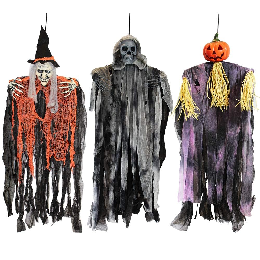 Photo 1 of JOYIN 3 Pack 35” Hanging Ghosts Witch Pumpkin Decor Hanging Halloween Decorations Outdoor Halloween Decor, Scary Flying Witch Grim Reapers Haunted House Front Porch Decor Yard Garden Lawn Party