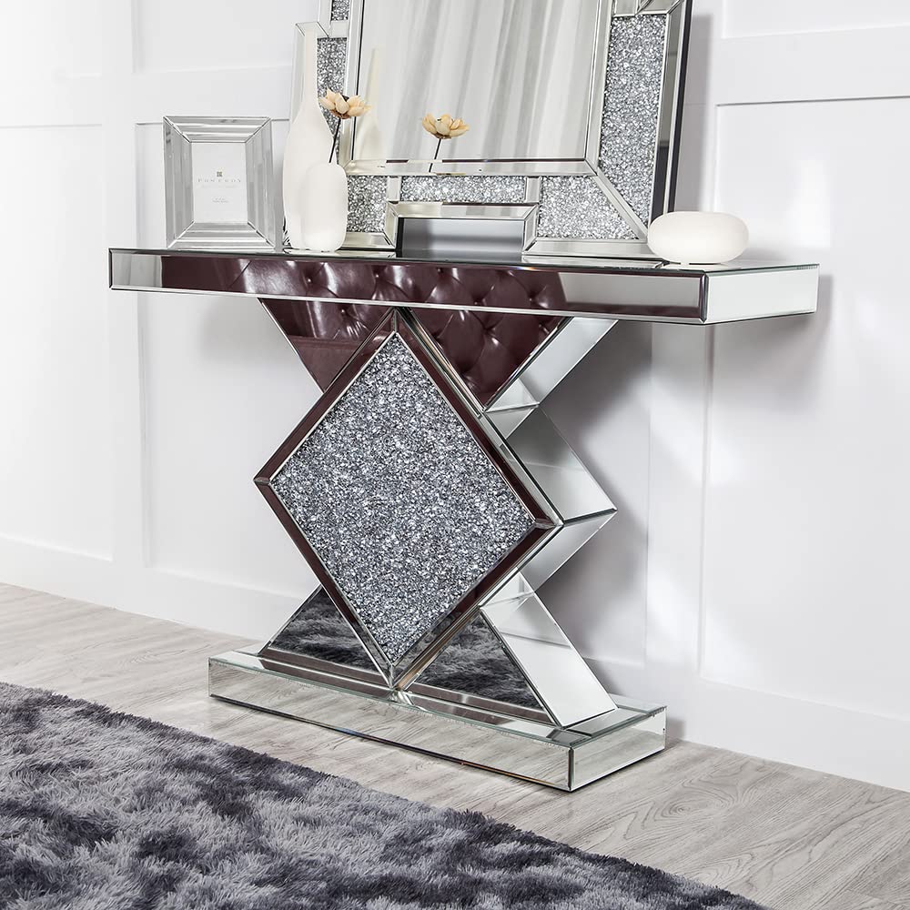 blingworld Console Table Mirrored, Silver Entryway Table with Diamond ...