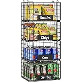 JKsmart Pantry Organizers and Storage, 4 Pack XL Stackable Wire Baskets with NamePlates, Metal Storage Bins for Snack Can Fruit Vegetable Spice