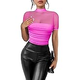 Kentysill Women's Mesh Sexy Mock TurtleNeck Bodysuits Short Sleeve Shirt Ruched Sheer Body suit Summer Trendy Going Out Tops