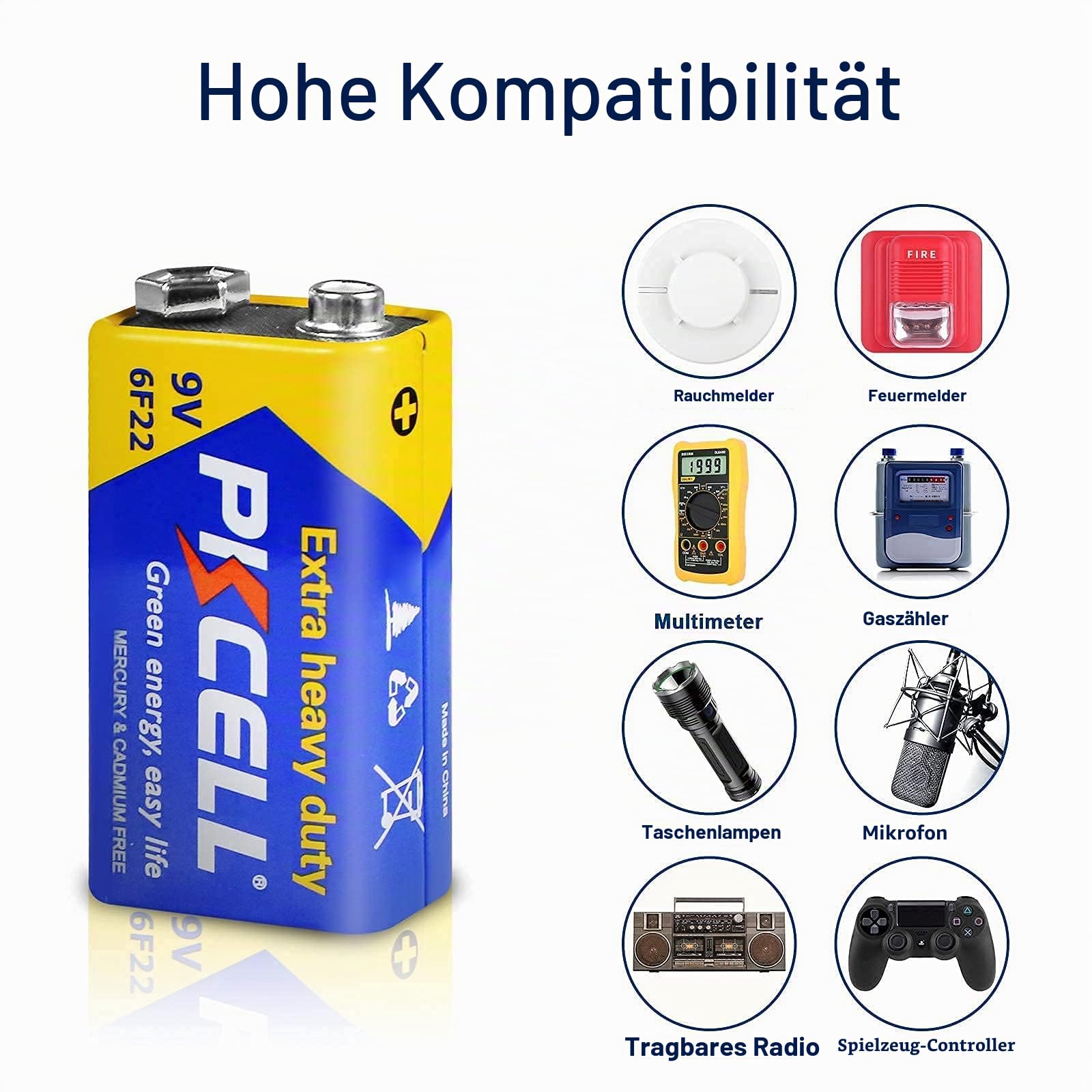 PKCELL 9V Batterie, Blockbatterie, 6F22 Batterien für Rauchmelder 8 Stück 8
