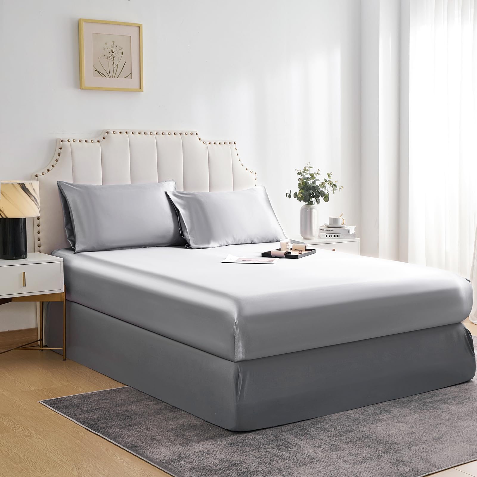 JHCHMX 4ft Fitted Sheet Small Double,Satin Grey Fitted Bottom Sheet,Deep Pocket Soft Satin Fitted Sheet,Grey 122x190cm