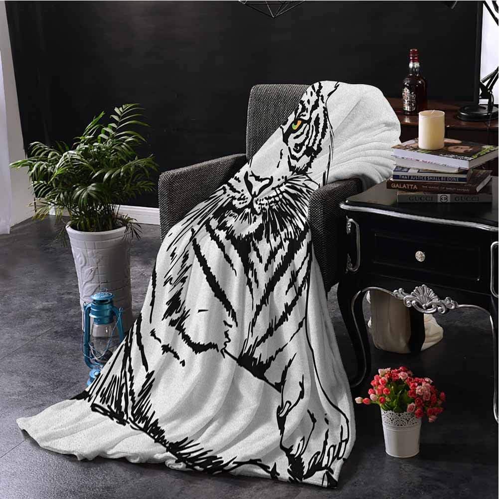 Luoiaax Safari Children's Blanket Sketch of A Posing Tiger Sharp Eyes Largest Cat Species Dark Vertical Stripes Art Lightweight Soft Warm and Comfortable W91 x L60 Inch Black White