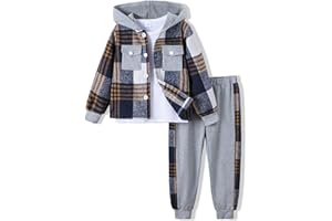 Yhnslsf Boys Clothes Fall Winter Outfits, Toddler Kids Button Plaid Hoodie Pockets Sweatpants T-shirt Clothing Set Size 3-7T