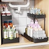 Simple Trending Under Sink Organizer 2 Pack, Sink Pull-Out Sliding Storage Cabinet, 2-Tier Under Shelf Organizer for Kitchen Bathroom with Hooks, Black