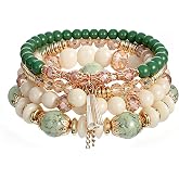 Bohemian Stackable Bracelets for Women, Boho Jewelry Crystal Accents Multilayer Bangle Bracelet Bohemian Stackable Gold Plated Beaded Stretch Bracelet Elastic Layering Friendship Bracelets Set