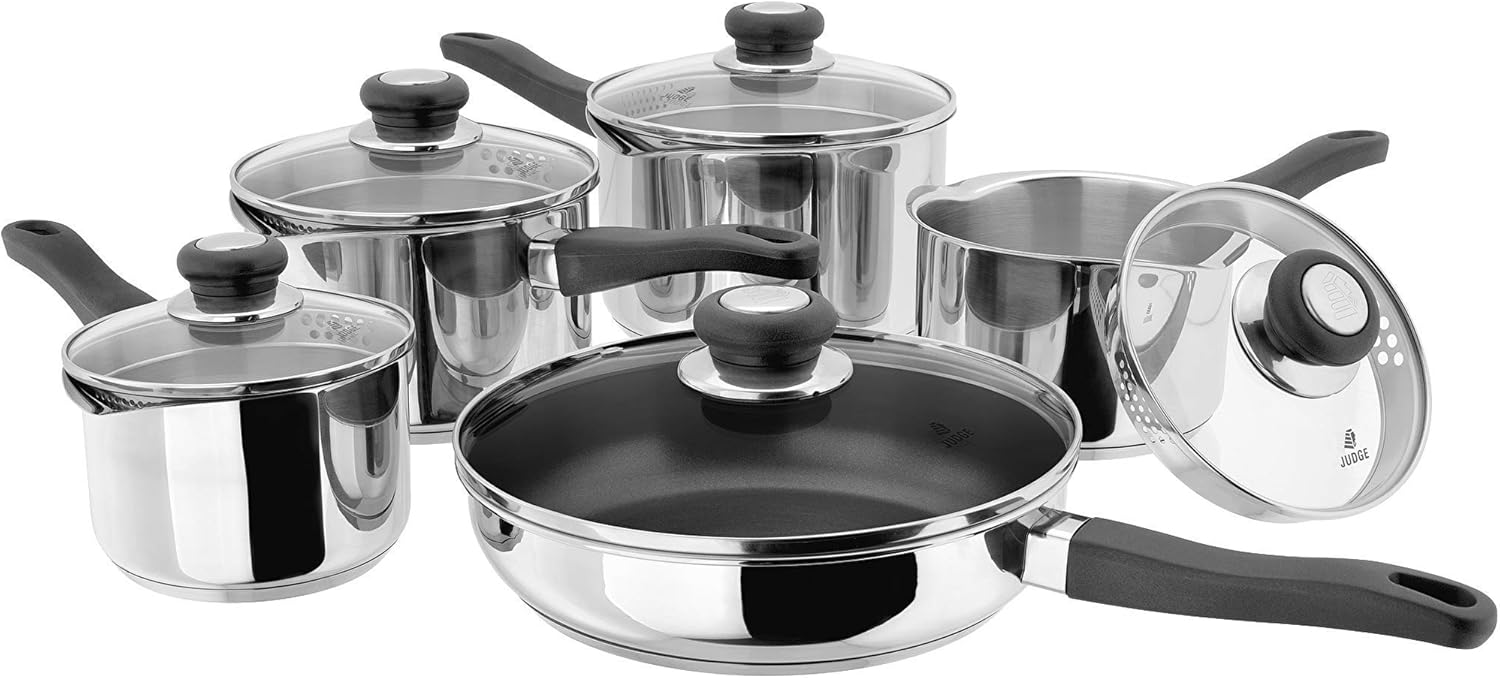 Judge Vista J3C2 5 Piece Saucepan Set with Draining Lids, Induction