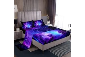 Feelyou Galaxy Bedding Set Kids Girls Queen Bed Sheets Outer Space Universe Starry Sky Sheet Set Women Ultra Soft Purple Star
