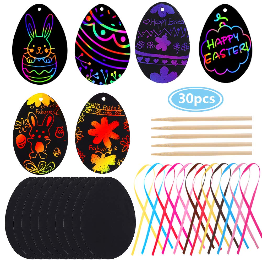 Faburo 30pcs Easter Scratch Art Egg Decorations Papers Crafts Gifts for Kids Party Bag Fillers