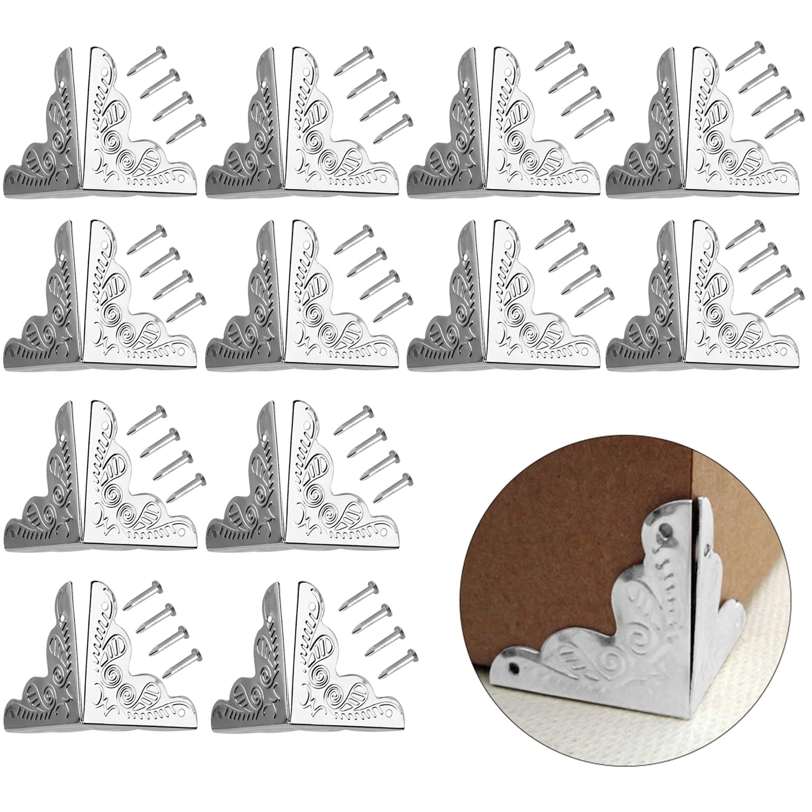 HERCHR 12Pcs Antique Silver Corner Protector, Wooden Box Furniture Table Corner Decorative Retro Edge Corner Guards, 24mm