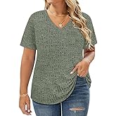 RITERA Plus Size Tops for Women Short Sleeve V Neck Solid Loose Ribbed T Shirts Causual Tunics Summer Tie Dye Blouse XL-5XL