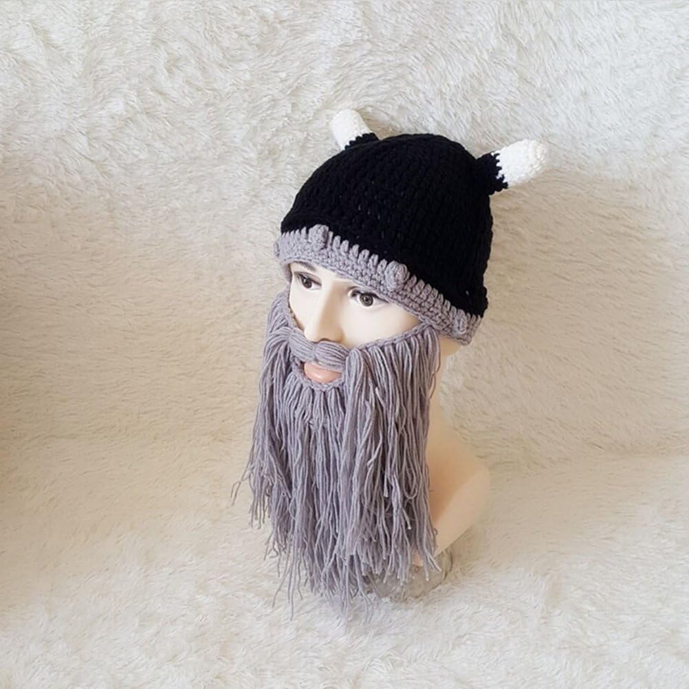 Maibar Knitted Hat Grey Handmade Viking Soldier Style Warm Cap Halloween Birthdays Funny Cap False Bog Beard Party Decoration (Grey)