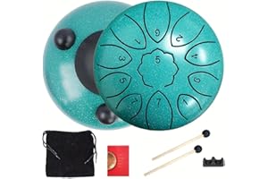 11-Note Steel Tongue Drum - 6 Inch Outdoor Waterproof Rain Drum with Carry Bag, Mallets & Music Book (Green)