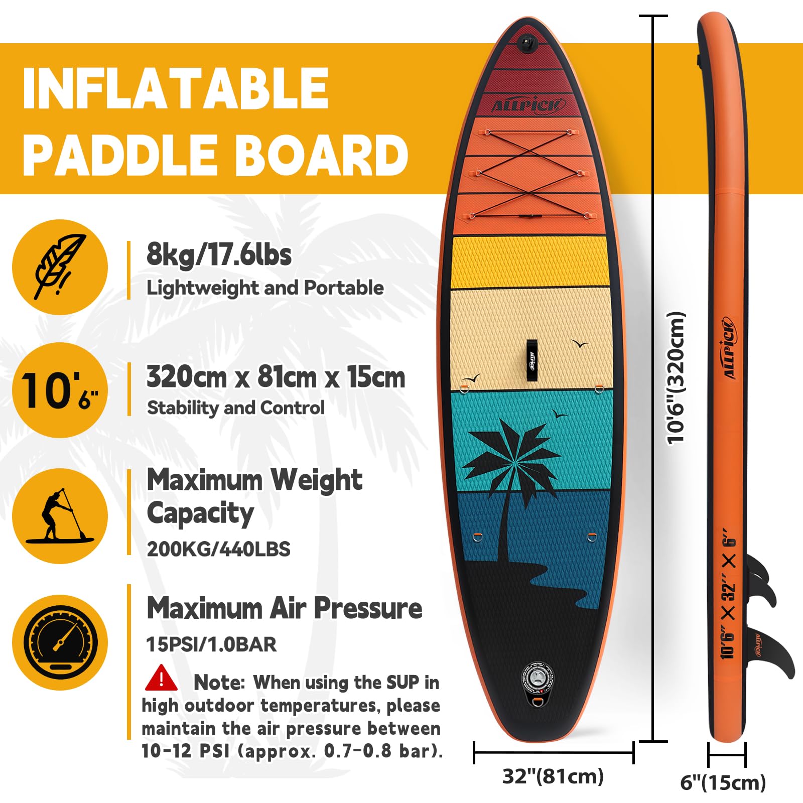 ALLPICK Premium SUP Board Set, Stand Up Paddling Board Aufblasbar, Mit Universal Kamerahalterung, Komplettes Zubehör, Verstellbares Paddel, Anfänger und Fortgeschrittene, 150kg/180kg, OrangeAbendröte 3