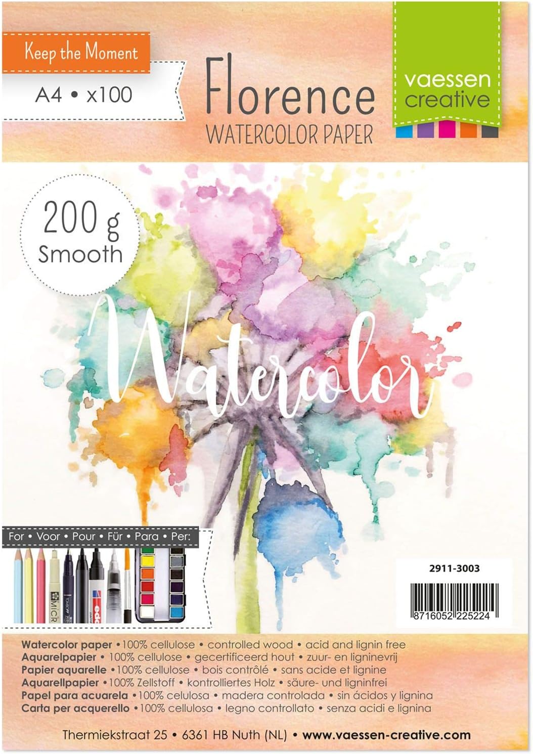 Vaessen Creative Florence Hot Pressed Watercolour Paper A4, Ivory, 200 GSM, Artist Grade Quality, Smooth Surface