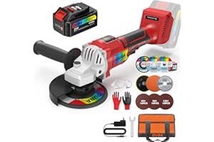 OUBA Cordless Angle Grinder Compatible for Dewalt Battery 20V Power Angle Grinder, 4.0Ah Battery, Metal Grinder with LED,6 Speed, 4-1/2" Cutting Wheel, Angle Grinder Stand, Flap Disc Grinding, Red