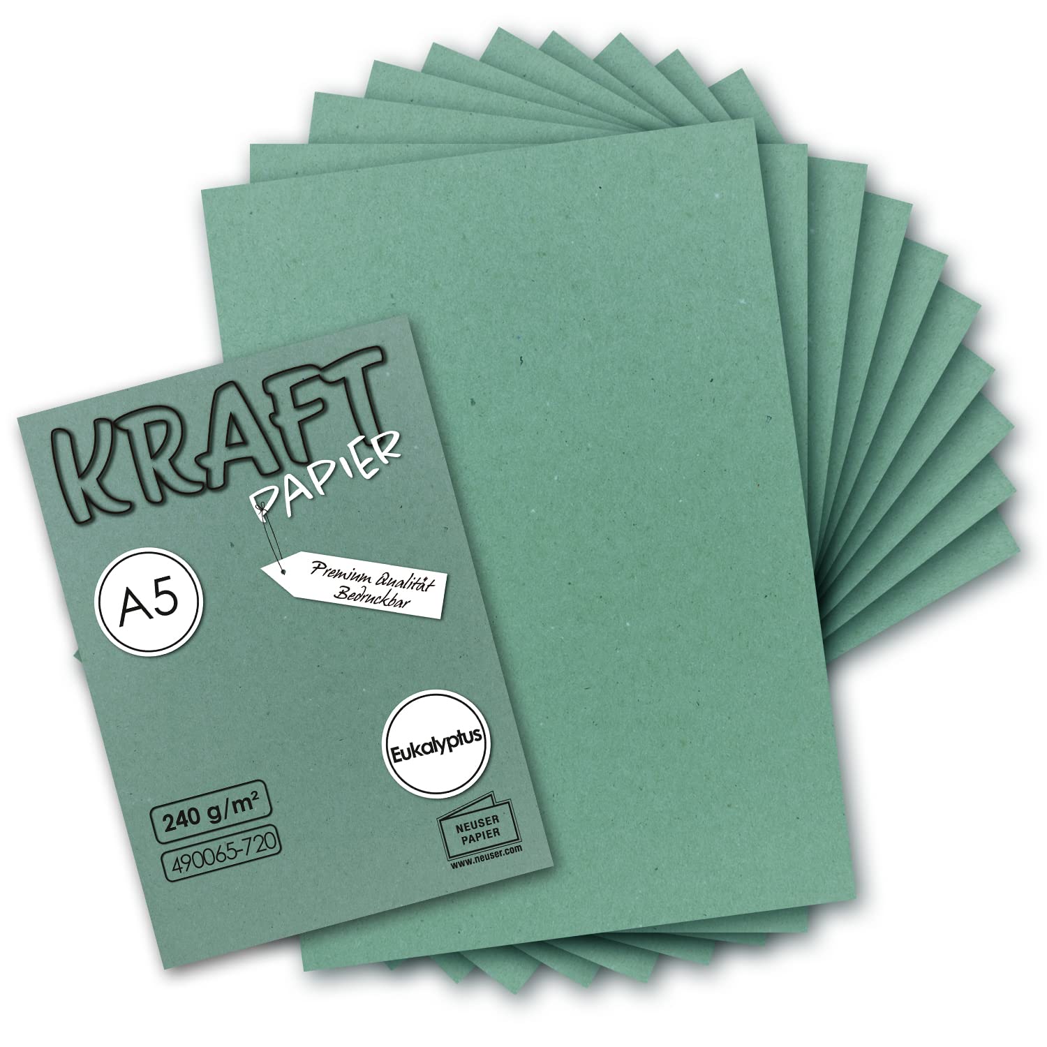50x Vintage Kraft paper in eucalyptus green - DIN A5-21 x 14.8 cm - 225 g m² - sustainable natural green recycled paper, ecological craft cardboard single card -