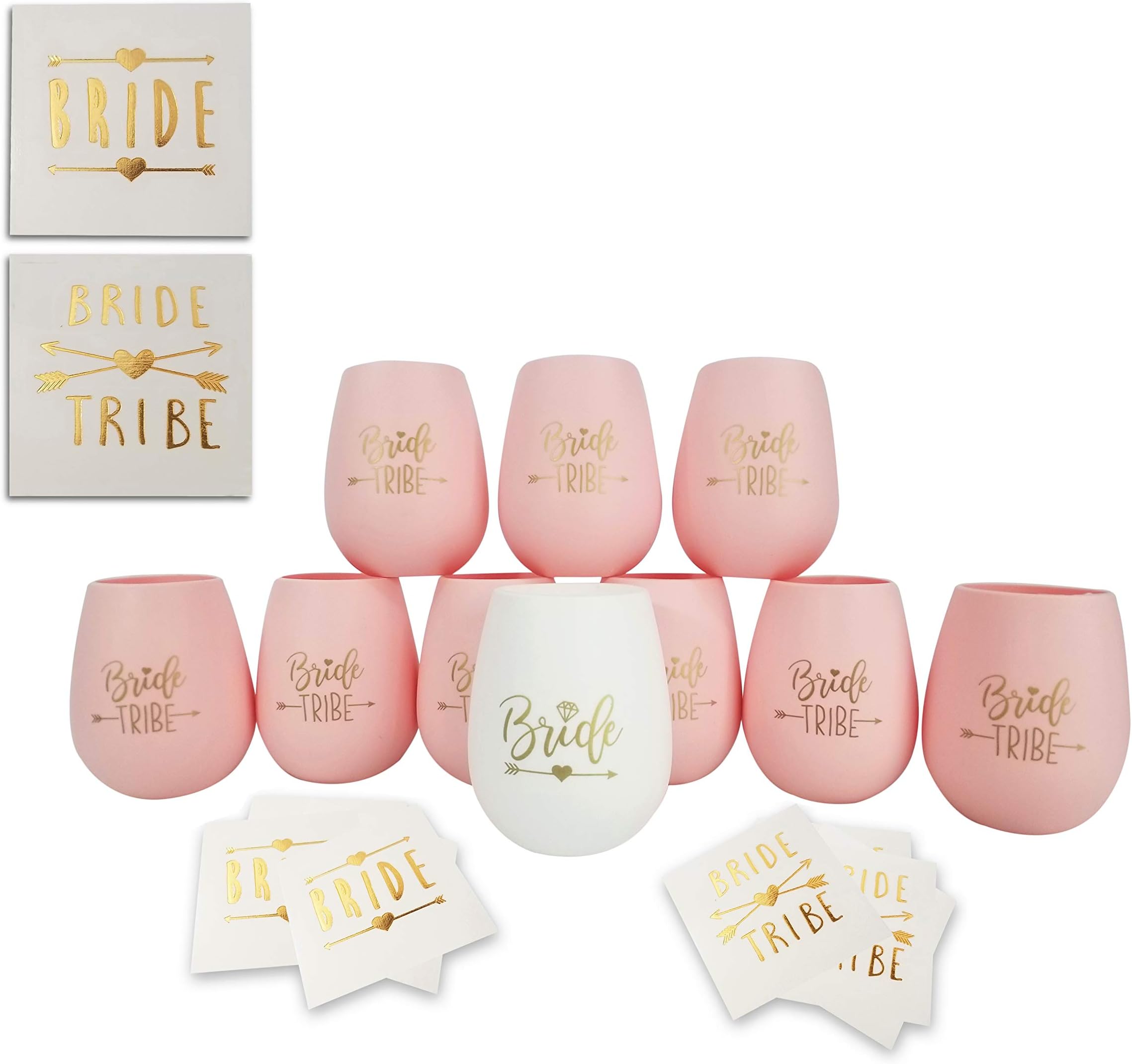 Pink Bride Tribe Silicone Wine Glasses - Set of 10 with Temporary Tattoos