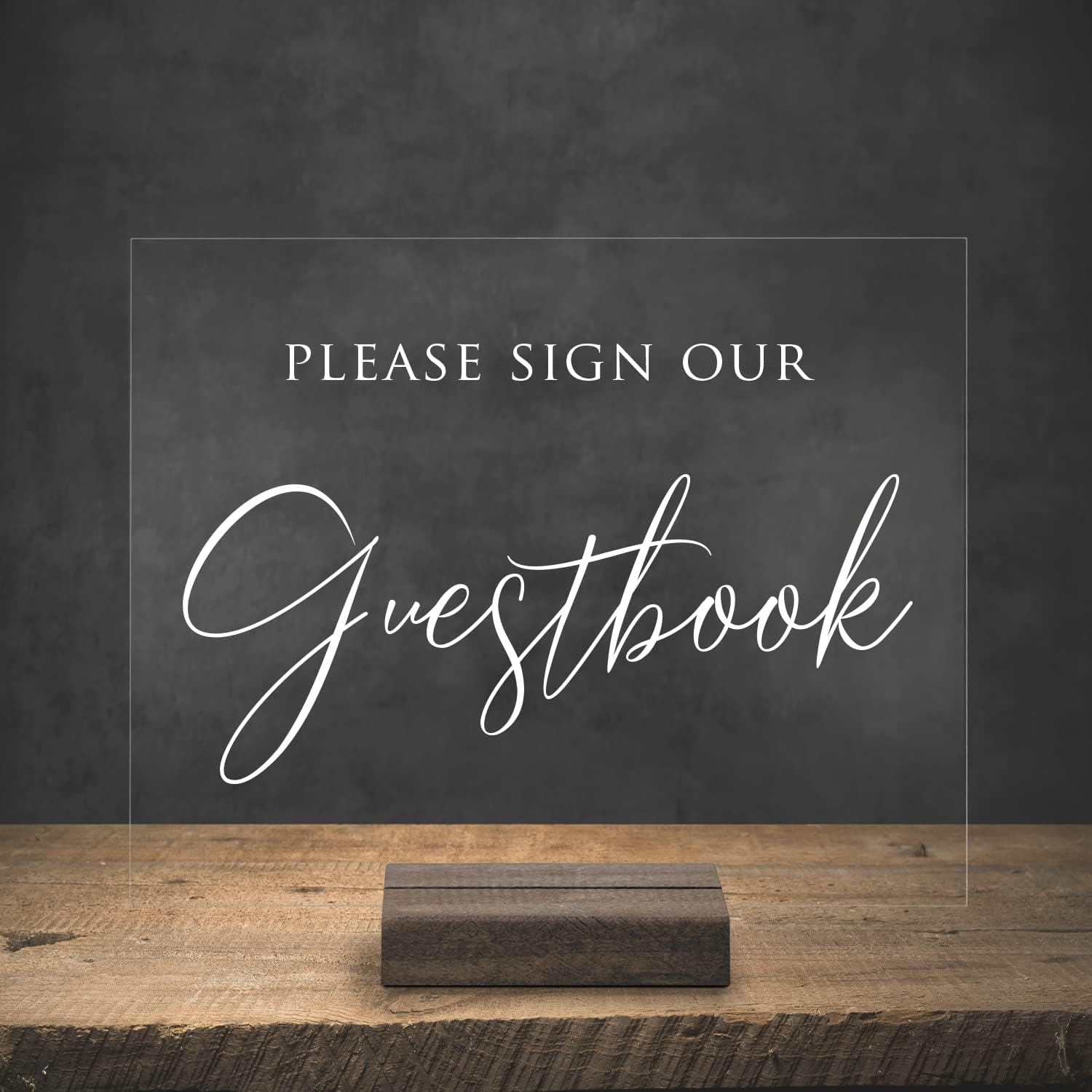Mixed Media - Please Sign Our Guestbook Acrylic Modern 8x10 Wedding Sign With Included Acrylic Base (8X10, Clear Acrylic Stand) (8X10, Dark Walnut Stand)