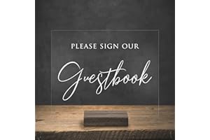 SWEET CAROLINA COLLECTIVE Please Sign Our Guestbook Acrylic Modern 8x10 Wedding Sign With Included Acrylic Base (8X10, Clear Acrylic Stand) (8X10, Dark Walnut Stand)