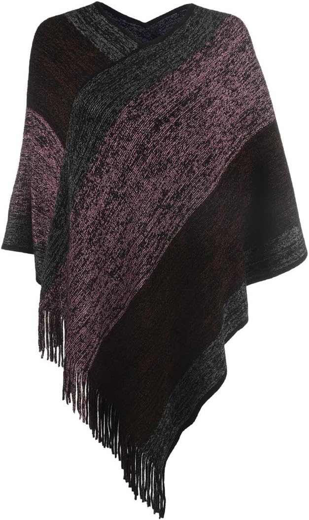 FomolomWomen's Elegant Knitted Shawl Poncho with Fringed V-Neck Striped Sweater Pullover Cape Gifts for Women Mom