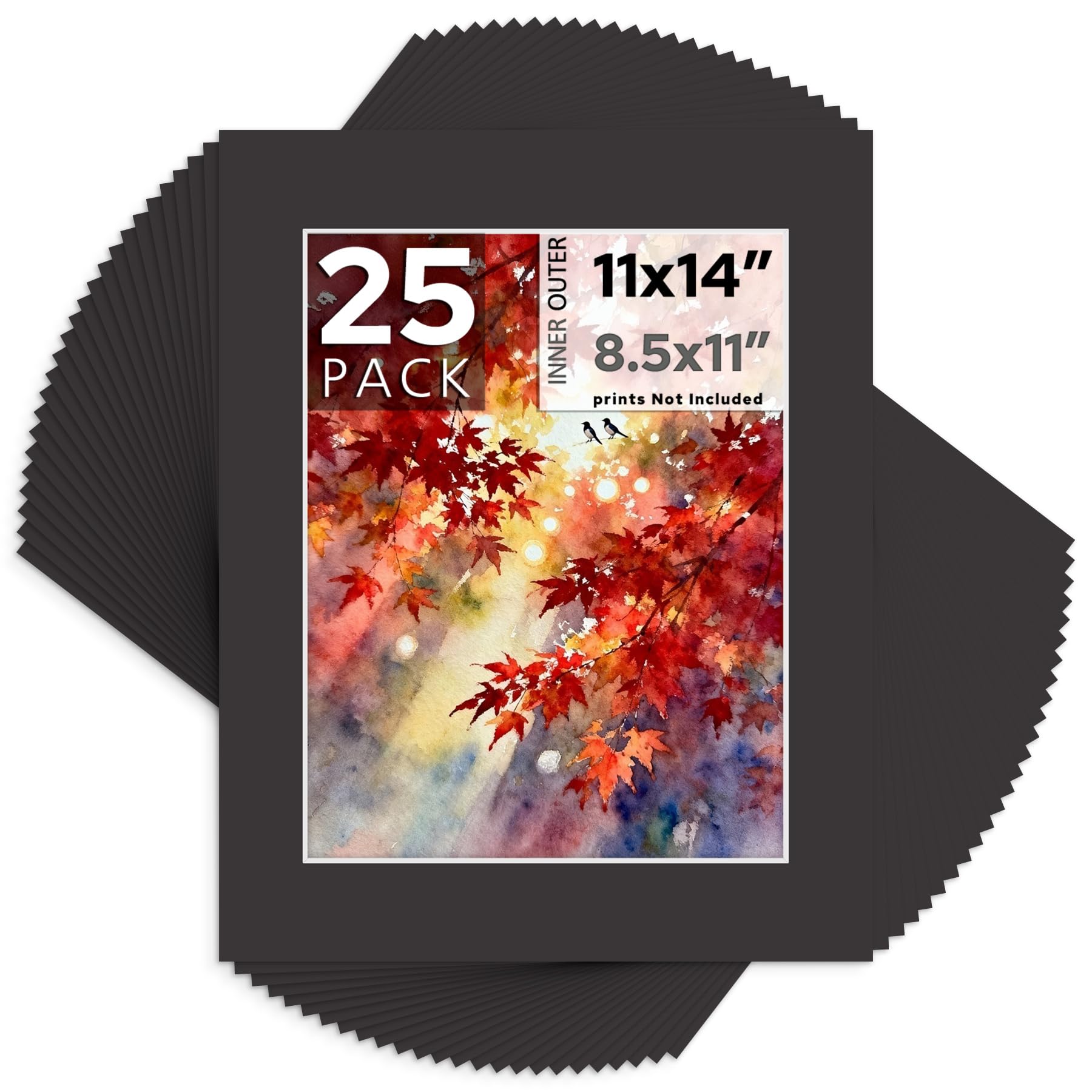 Mat Board Center, Pack of 25, 11x14 for 8.5x11 Black Mats - Acid Free, 4-ply Thickness, White Core - for Pictures, Photos, Framing