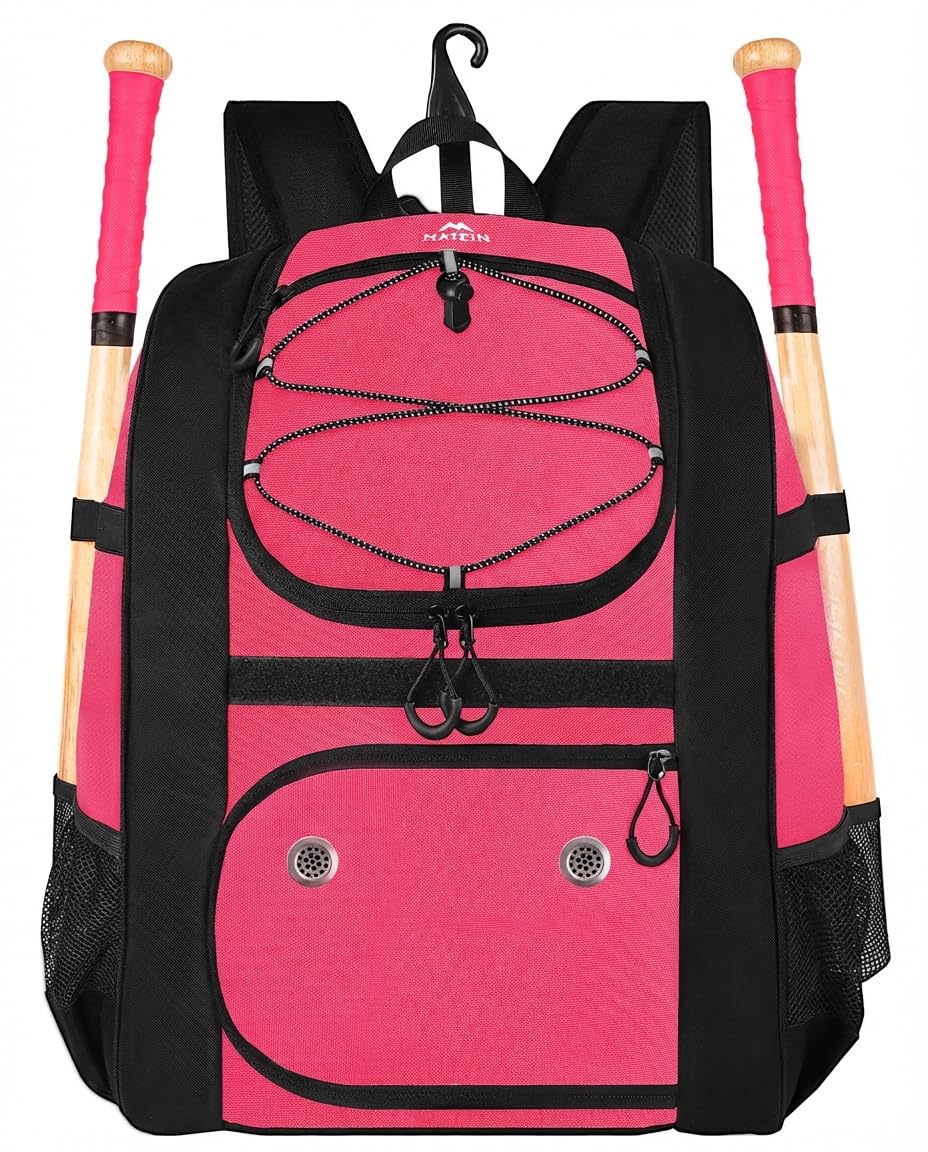 MATEIN Softball Bag for Girls, Girls Baseball Backpack, Baseball Equipment Bags Fit T-Ball Bat & Helmet, Sports Backpack with Fence Hook & Shoe Compartment, Softball Gifts for Youth, Pink Image