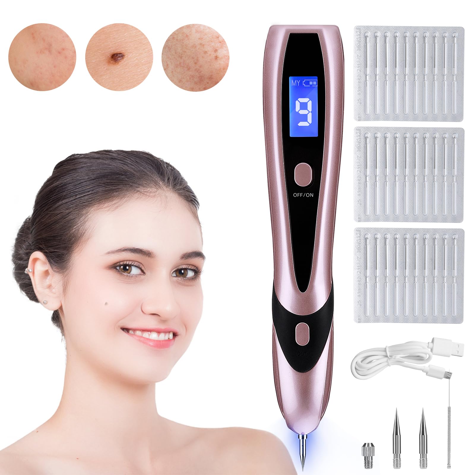 Aceshop Skin Tags & Mole Remover Kit, Professional Plasma Pen with 9 Strength Levels & Replaceable Needles, USB Rechargeable (Rose Gold)