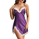 Vrtige Women's Sexy Satin Silky Nightgown Lace Strapy Babydoll Chemise Nightdress Full Slip