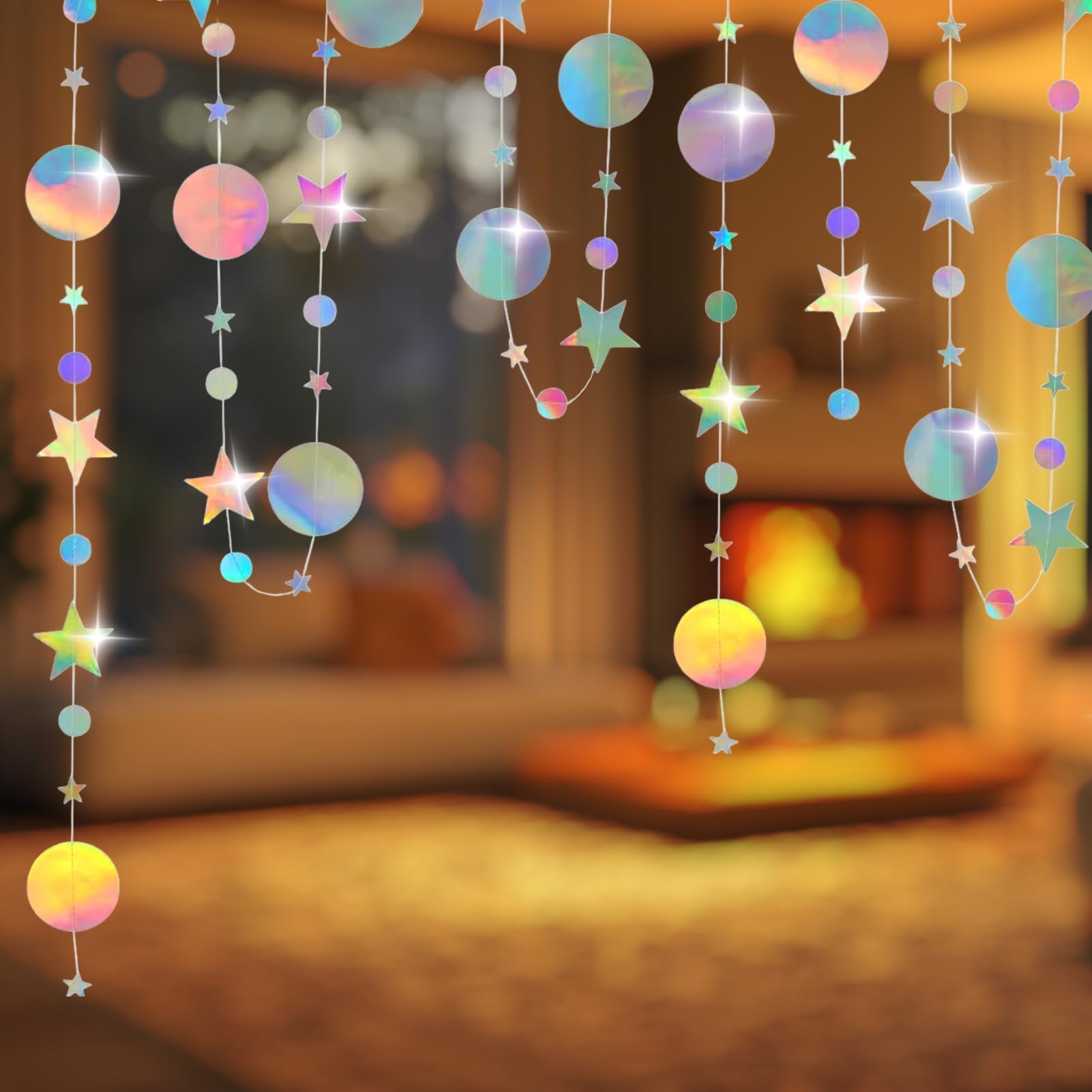 Aihoom 65 Feet Holographic Rainbow Hanging Paper Garland, Iridescent Glitter Circle Star Streamer Banner Hanging Decoration for Birthday Wedding Baby Shower Anniversary Holiday Party Events