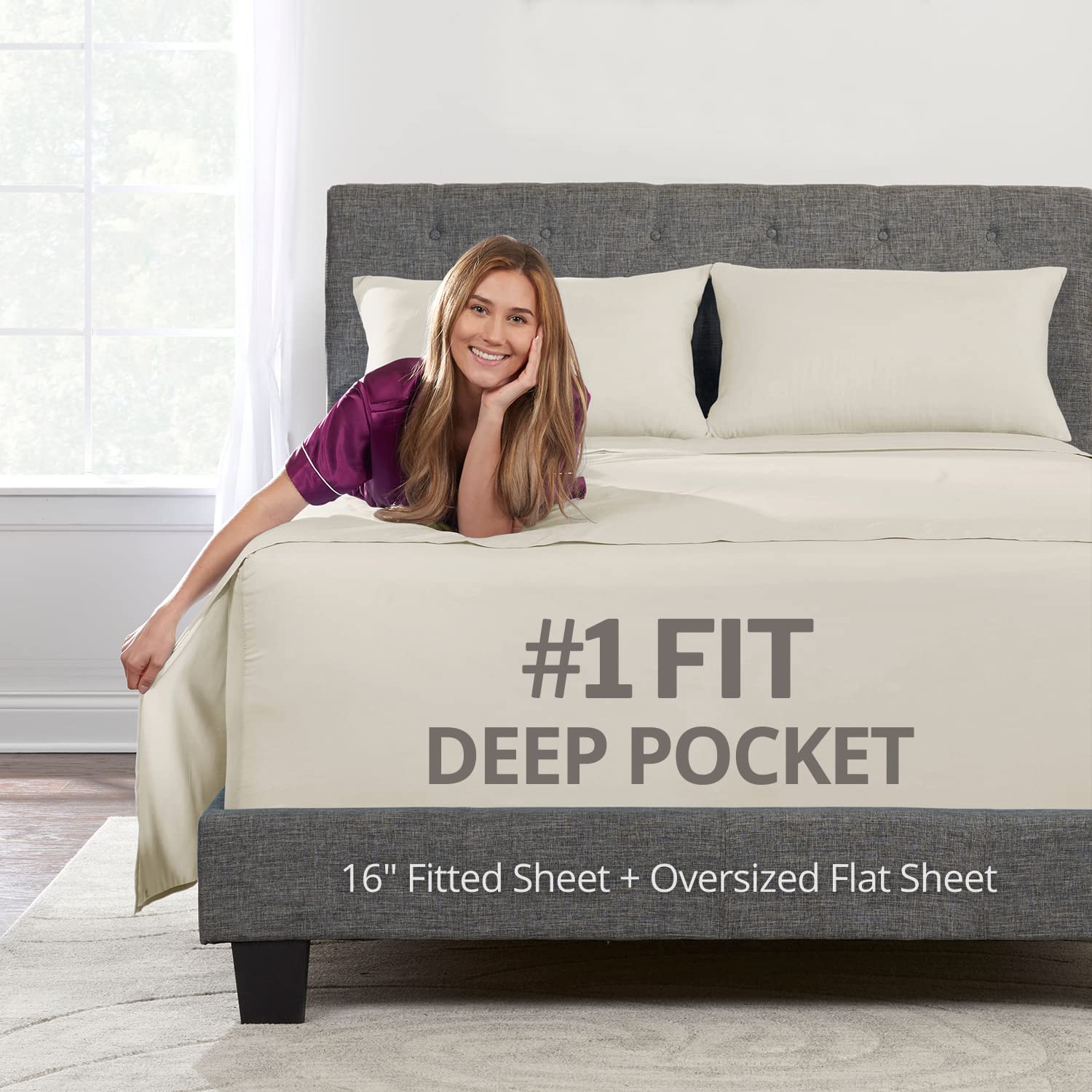 Photo 1 of Deep Pocket Twin Bed Sheets – 3-Piece Includes: Real 16” Inch Extra Deep Pocket Fitted Sheet [Best-Fit for 14”-18 Mattress] – Oversize Flat Sheet – 1 Zipper Closure Pillowcase – Light Beige Cream