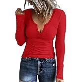 KINLONSAIR Women Casual Long Sleeve Tunic V-Neck Slim Fit T Shirts Basic Tee Tops Crew Neck Ribbed Knit Solid Shirt