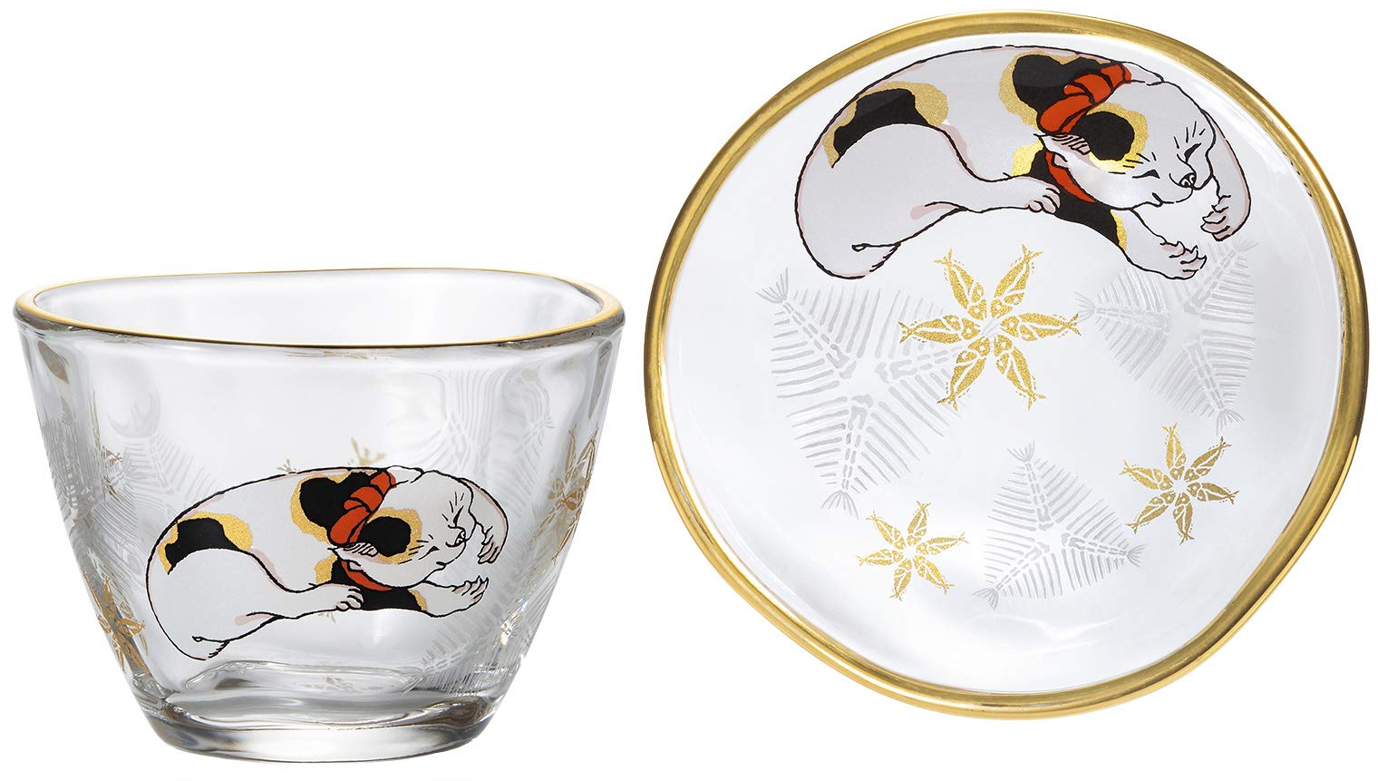 ADERIA Japanese Glass Sake Drinking Set Cup 90ml and Saucer Masu Plate Premium Edo Series Made in Japan - Tortoiseshell Cat S-6289