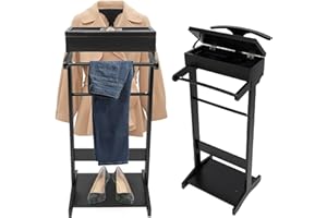 PINELICORN Wood Mens Valet Stand With Shoe Shelf, Coat Hanger and Hat Rack - Freestanding Suit Stand and Clothes Butler With Storage Organizer (Black)
