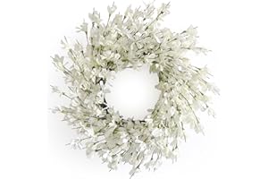 HUASHEN Summer Wreath for Front Door, 24 Inch White Cream Forsythia Summer Spring Wreath Blossom Cluster Flower Farmhouse on Grapevine for Christmas Festival Celebration Front Door Wall Window Hanging Décor
