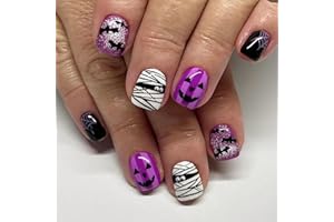 DULYORK 24Pcs Halloween Press On Nails Short Square Fake Nails Acrylic Nails Press Ons Purple False Nails With Mummy Bat Spider Designs Full Cover Glue On Nails Halloween Stick On Nails For Women