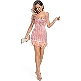 Sequin Dress for Women Sexy V Neck Feather Bodycon Mini Strap Dress Birthday Prom Cocktail Party Club Night