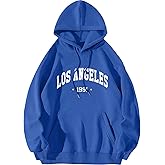 ORANDESIGNE Letter Graphic Print Hoodies for Women Oversized Long Sleeve Casual Drawstring Fall Pullover Sweatshirt Tops LOS ANGELES 1991 Blue Small