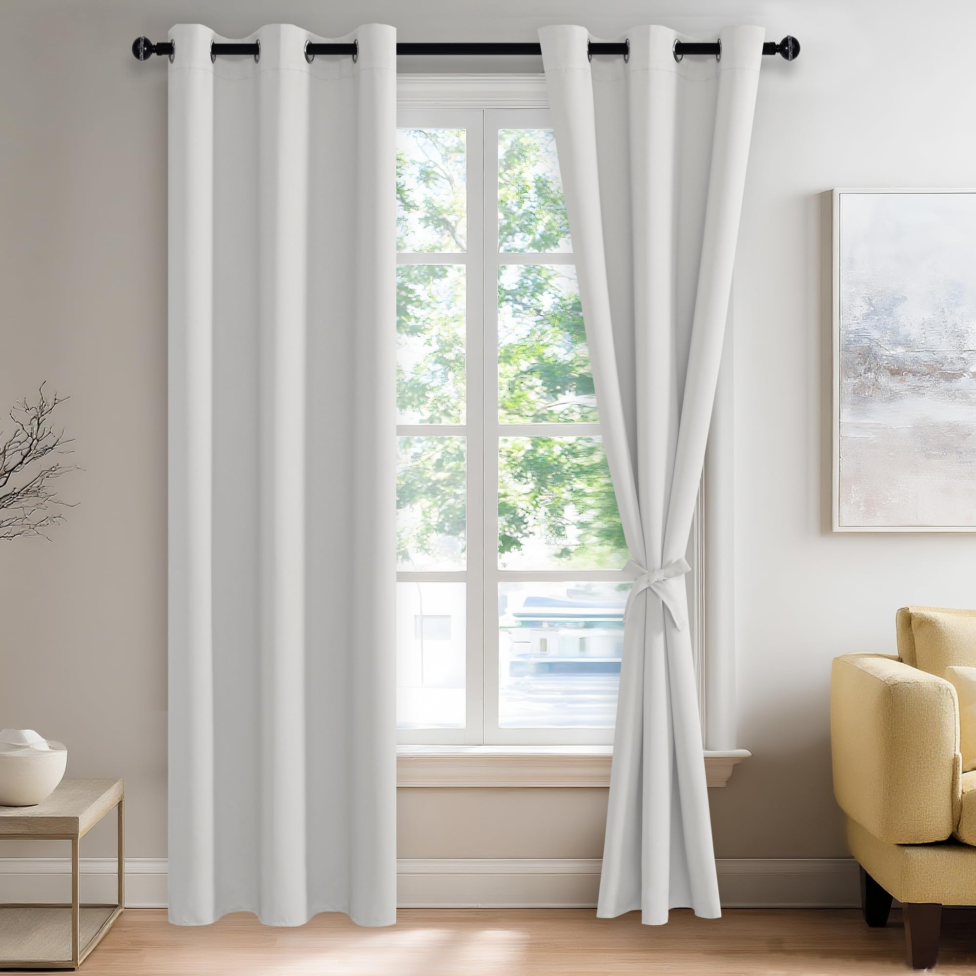 JIUZHEN Greyish White Blackout Curtains with Tiebacks - Thermal Insulated, Light Blocking and Noise Reducing Grommet Drapes for Bedroom and Living Room, Set of 2 Curtain Panels, 42 x 84 Inches Long