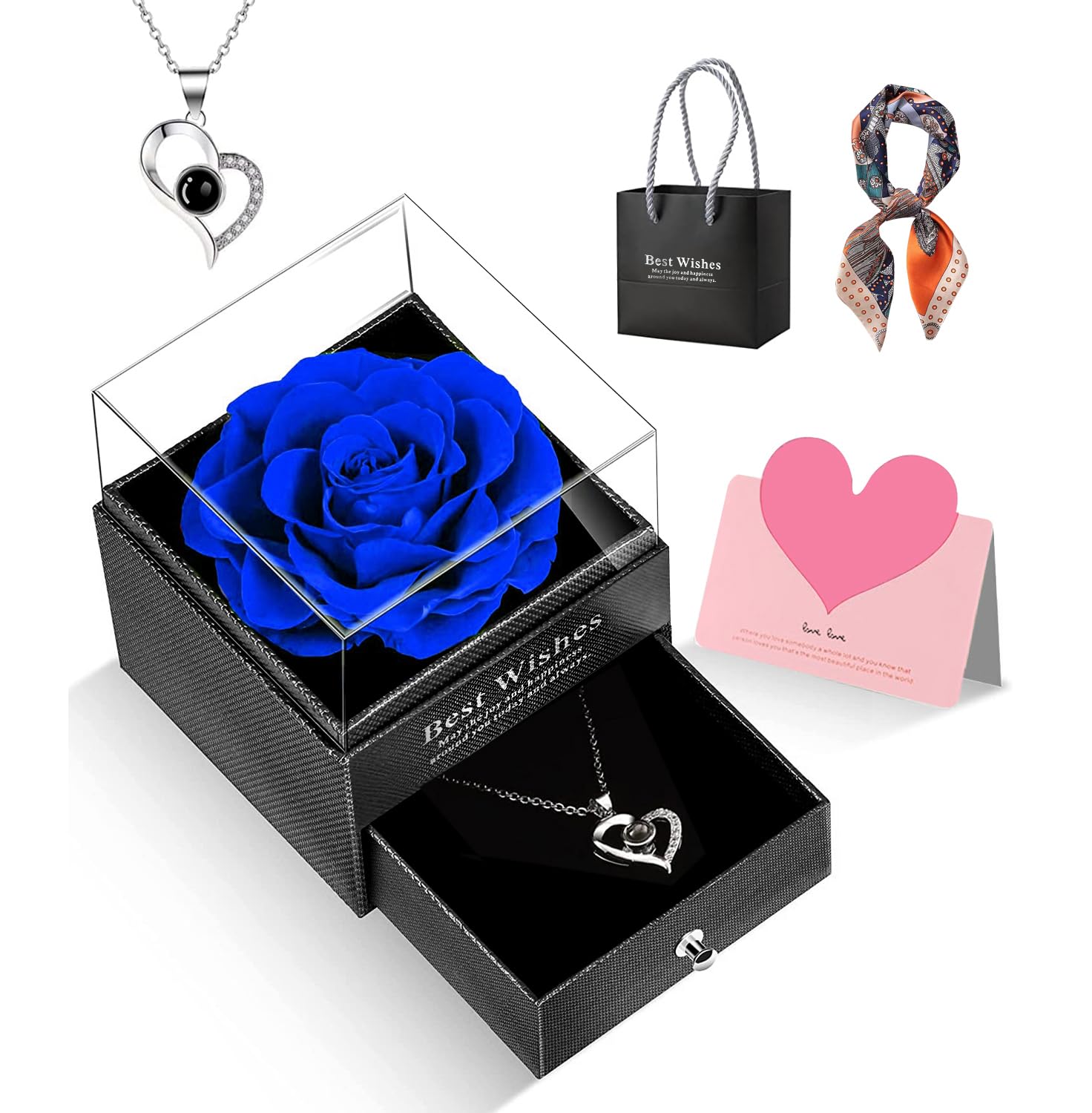 GOICC Preserved Rose with I LOVE YOU Necklace Gifts Box for Her – Forever Blue Rose Birthday Gifts for Mum, Wife, Girlfriend, Nana, Romantic Gift Eternal Flower Anniversary Present for Women