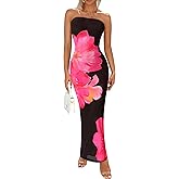 PRETTYGARDEN Women Summer Strapless Maxi Dress Bodycon Floral Sexy Long Wedding Guest Dress Formal Tube Mesh Cocktail Dresses
