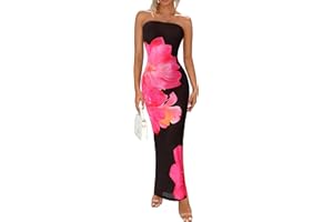 PRETTYGARDEN Women Summer Strapless Maxi Dress Bodycon Floral Sexy Long Wedding Guest Dress Formal Tube Mesh Cocktail Dresses