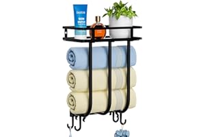 GAGUIUP Towel Racks for Bathroom, Wall Mounted Towel Rack with Metal Shelf & 4 Hanging Hooks, Towel Shelf Towel Storage for Small Bathroom, Can Hold 3 Large Size Rolled Towel Holder Organizer, Black