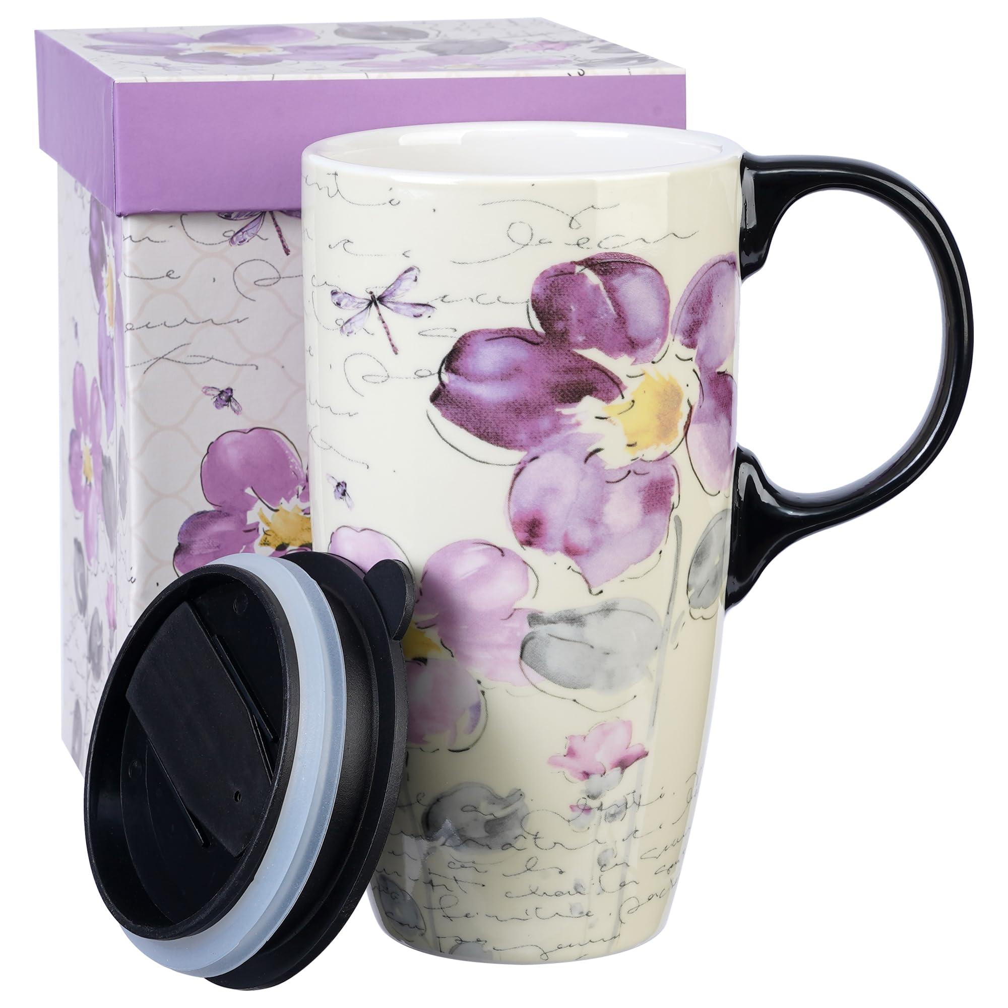 Topadorn 17 oz Ceramic Travel Mug with Spill Proof Lid & Handle, Microwave Dishwasher Safe Coffee Cup, Gift for Men and Women, Flower