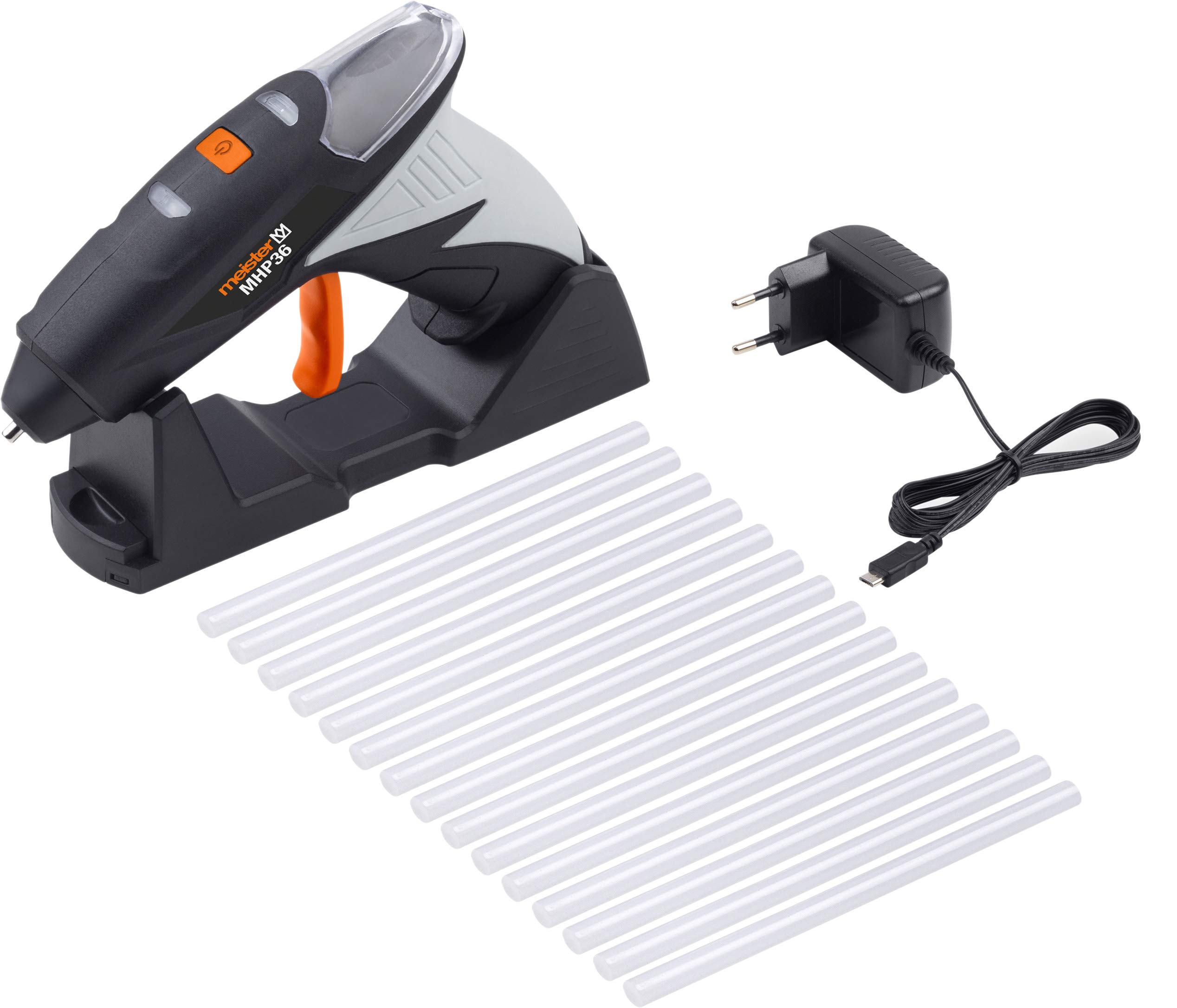 Meister 5464500 Battery-Powered Hot Glue 3.6 V MHP36 with Charging Station and Drip Tray Micro USB 1 Minute Heat-Up Time Including Glue Sticks/Hot Glue Gun for DIY Projects and Crafts