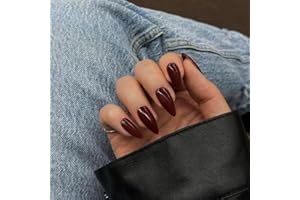 KQueenest Burgundy Press on Nails Medium Almond Stiletto, Sheer Maroon Red Fake Nails Set, Acrylic Nails Press ons Almond, Reusable Soft Gel Glue on Nails for Women with Protective UV Coating 24 Pcs